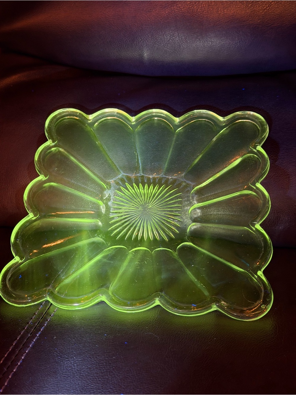 Vintage Federal Glass Celestial Clear Square Petal Bowl UV Glow Manganese 11